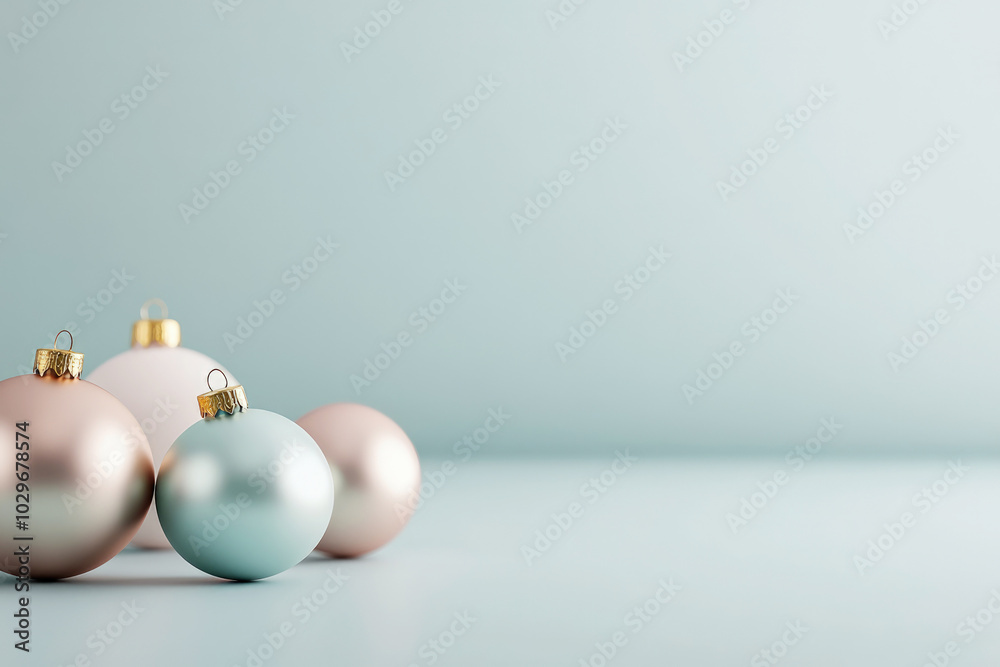Christmas Balls in Pastel Colors with Golden Accents on Light Background, Copy Space Christmas Balls in Pastel Colors with Golden Accents on Light Background, Copy Space