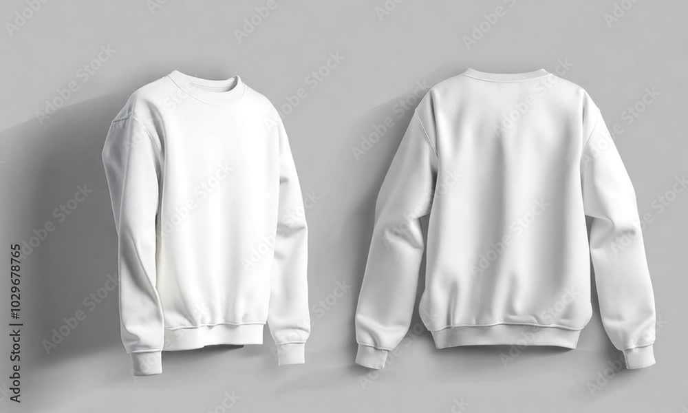 Two white blank sweatshirts, front and back view. Apparel mockup concept
