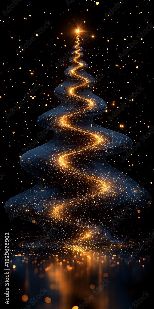 Obraz premium An illustration of a golden glitter minimal Christmas tree on black background.