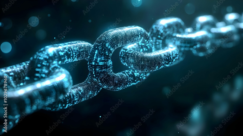 Digital Chain Links Interconnected With Glowing Binary Code Particles Digital Chain Links Interconnected With Glowing Binary Code Particles