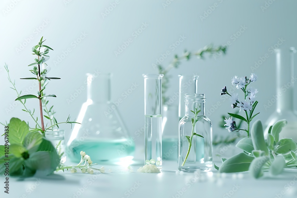 Laboratory glassware with plants and flowers on light background. Scientific research concept Laboratory glassware with plants and flowers on light background. Scientific research concept