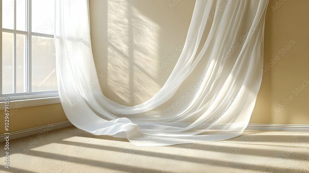 Sunlight Streams Through a Window Illuminating Sheer White Curtains in a Room Sunlight Streams Through a Window Illuminating Sheer White Curtains in a Room