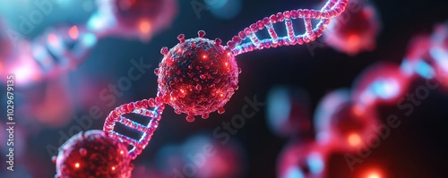 Close-up of a DNA strand with colorful molecules on a dark background.