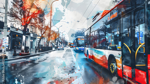 Bus Lane Street Watercolor