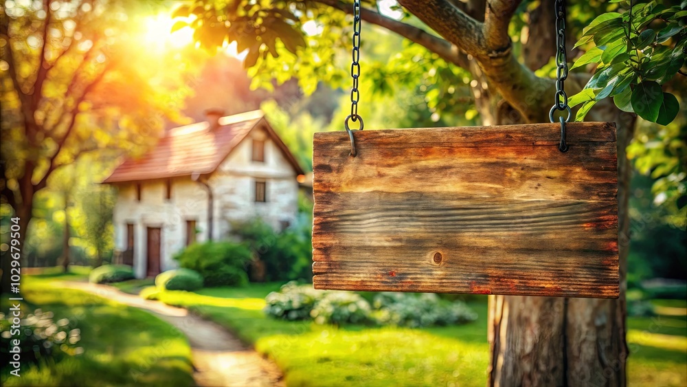 Naklejka premium Rustic Wooden Sign Hanging From Tree Branch With Blurred Cottage And Lush Greenery In The Background