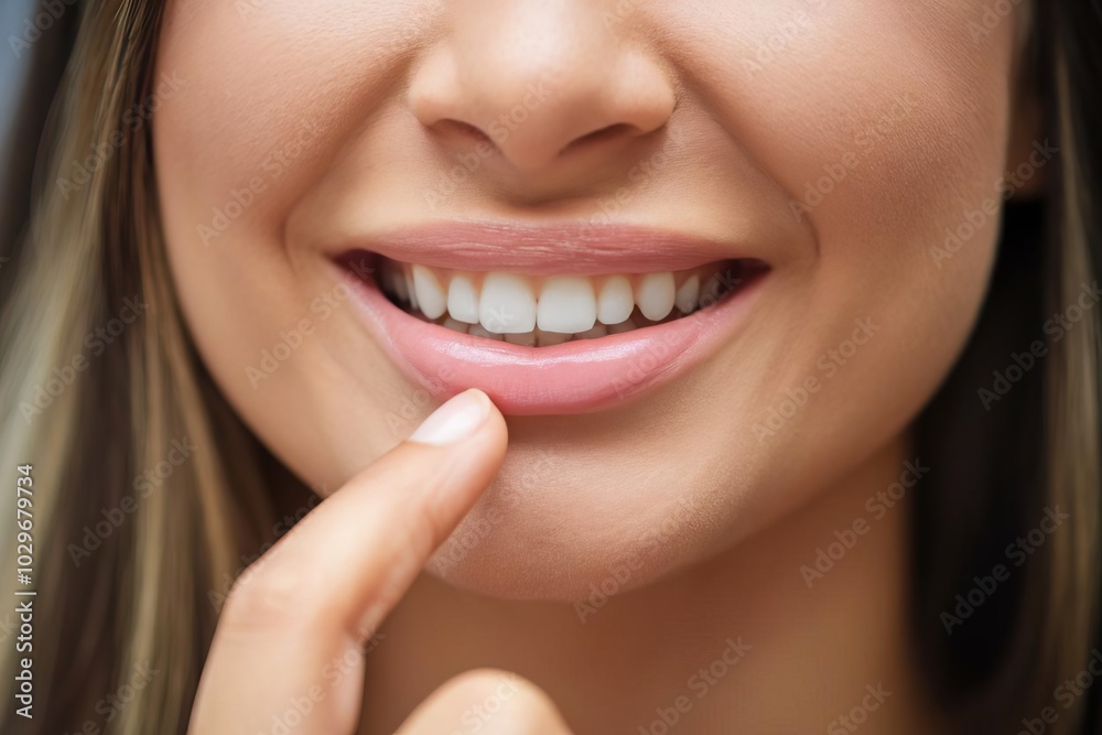 Close-up of a smiling woman touching her lips with a finger, against a soft background. Close-up of a smiling woman touching her lips with a finger, against a soft background.