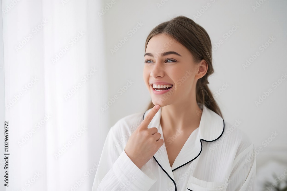 Smiling young woman in pajamas, enjoying a thoughtful moment at home.