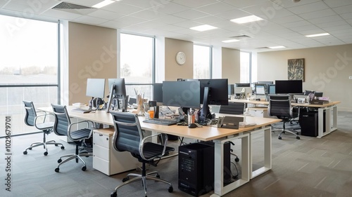 Modern office interior with desks, computers, and large windows.