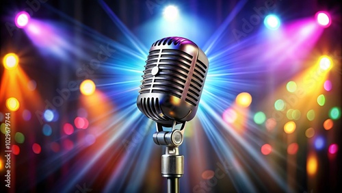 A vintage microphone stands center stage bathed in colorful spotlights, ready to capture the sounds of a performance.