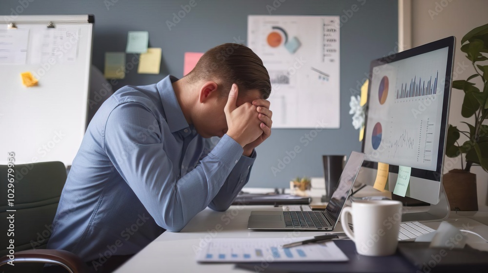 Stressed businessman with head in hands at office desk, overwhelmed by work pressures. Stressed businessman with head in hands at office desk, overwhelmed by work pressures.