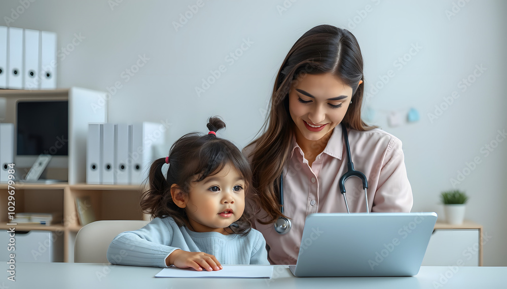 Female psychologist calming cute little girl in office isolated with white highlights, png Female psychologist calming cute little girl in office isolated with white highlights, png
