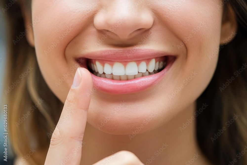 Smiling woman showing her white teeth with a finger gesture. Smiling woman showing her white teeth with a finger gesture.