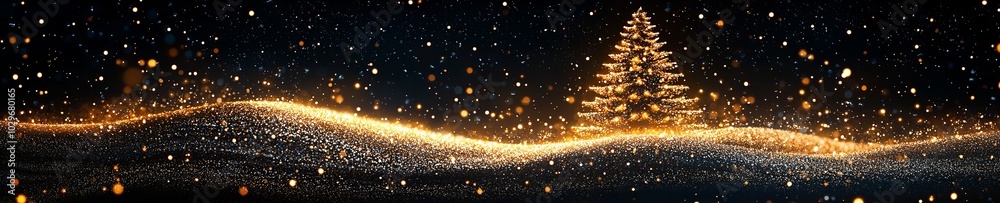 Naklejka premium An illustration of a golden glitter minimal Christmas tree on black background.