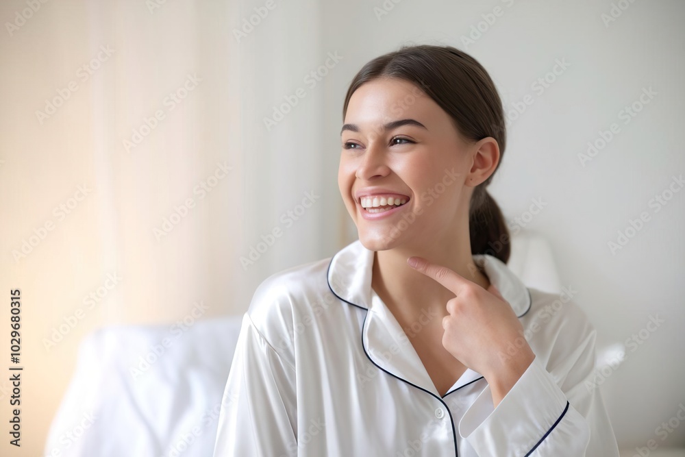 Smiling woman in pajamas, relaxed ambiance, joyfully engaging in morning routine. Smiling woman in pajamas, relaxed ambiance, joyfully engaging in morning routine.