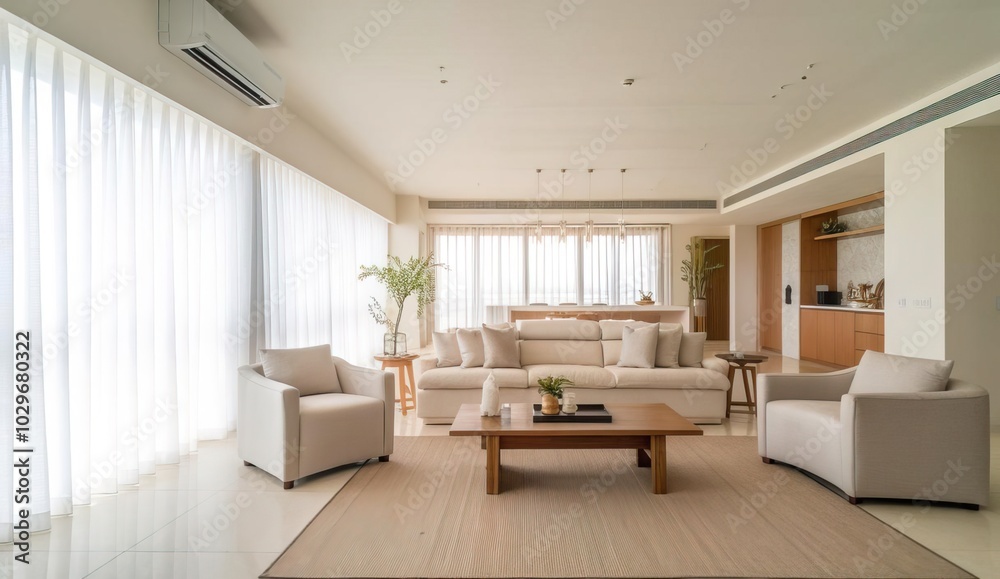Modern living room with white curtains, minimalistic furniture, and natural lighting. Modern living room with white curtains, minimalistic furniture, and natural lighting.