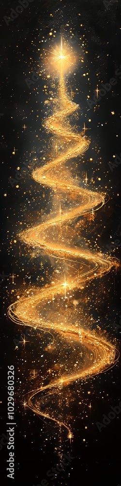 Fototapeta premium An illustration of a golden glitter minimal Christmas tree on black background. 