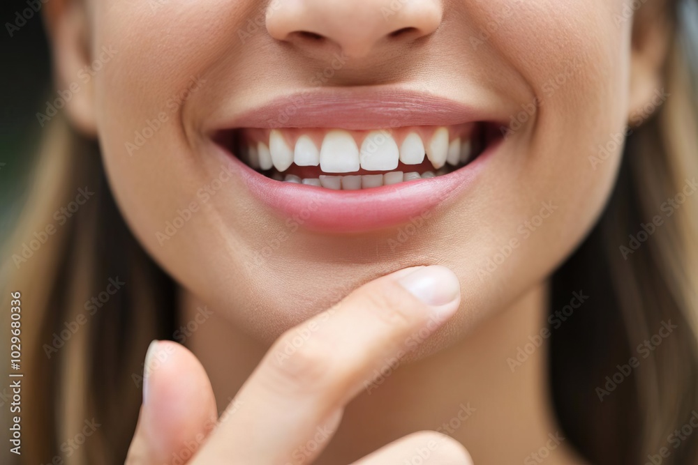 Smiling woman touching her chin, expressing confidence and happiness. Smiling woman touching her chin, expressing confidence and happiness.
