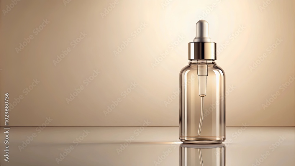 A Clear Glass Bottle with a Dropper, Featuring a Golden Cap and a Subtle Reflection on a Smooth, Cream-Colored Surface