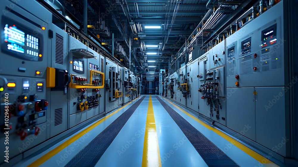 Fototapeta premium Industrial Control Room with Complex Electrical Panels and Wires