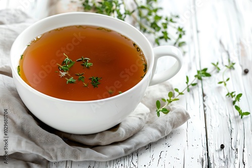 Herbal tea in a cup on a white wooden background