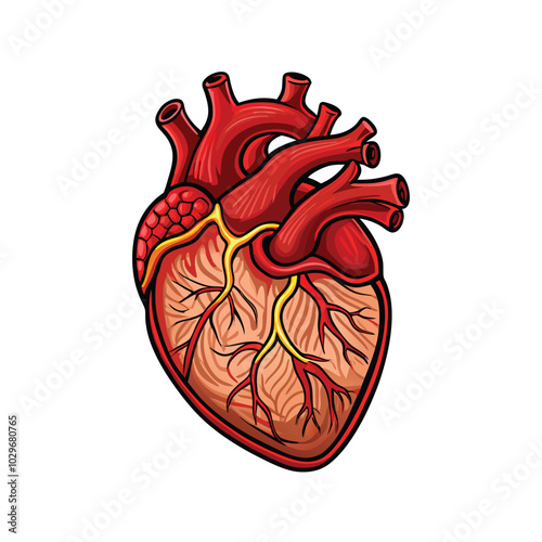 Create a vector illustration of a human heart with exaggerated veins and arteries to show the effects of high blood pressure.