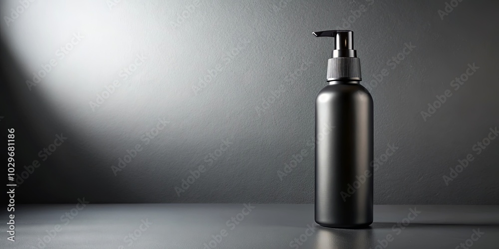 A sleek black pump bottle on a minimalist grey surface bathed in soft, diffused light. A sleek black pump bottle on a minimalist grey surface bathed in soft, diffused light.