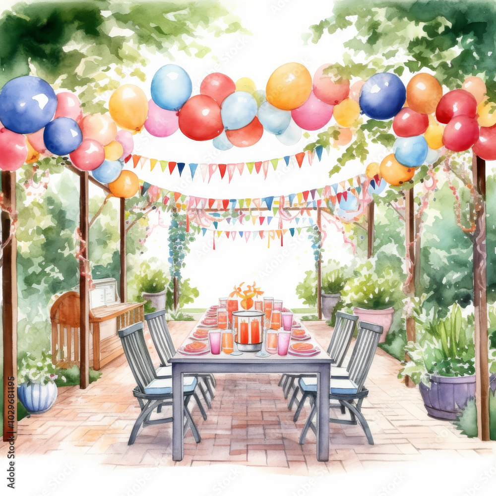 Obraz premium Vibrant Outdoor Birthday Party Setting with Balloons and Bunting - Festive Celebration Illustration for Invitations and Event Inspiration