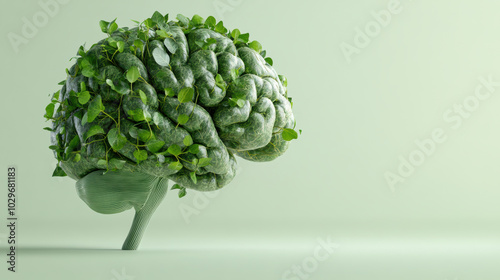 Wallpaper Mural creative representation of brain covered in lush ivy and small buds, symbolizing growth and natures influence on mind. This unique design evokes sense of harmony and vitality Torontodigital.ca