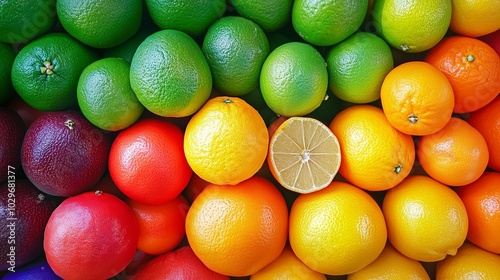 Vibrant array of fresh citrus fruits displayed at a local market, showcasing oranges, lemons, limes, and avocados in bright colors photo