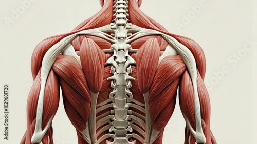 A detailed illustration of human back muscles, showcasing the complex structure of the spine and surrounding muscles