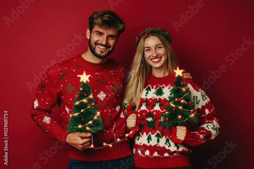 Couple in Christmas sweaters holding Christmas lights outdoors, smiling warmly, creating a festive and joyful atmosphere.