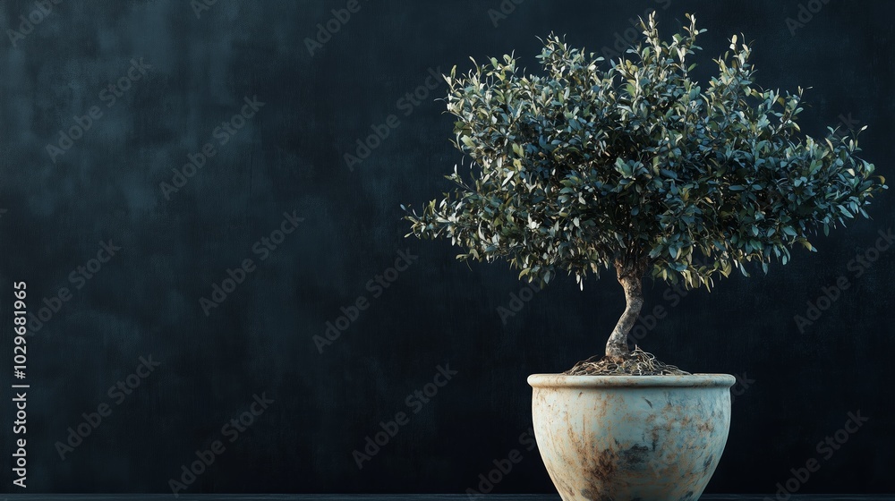 A small olive tree in a decorative pot against a dark background, showcasing its vibrant leaves and intricate trunk details A small olive tree in a decorative pot against a dark background, showcasing its vibrant leaves and intricate trunk details
