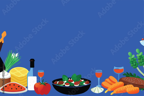 A culinary themed background with food and drink elements, on a blue background.