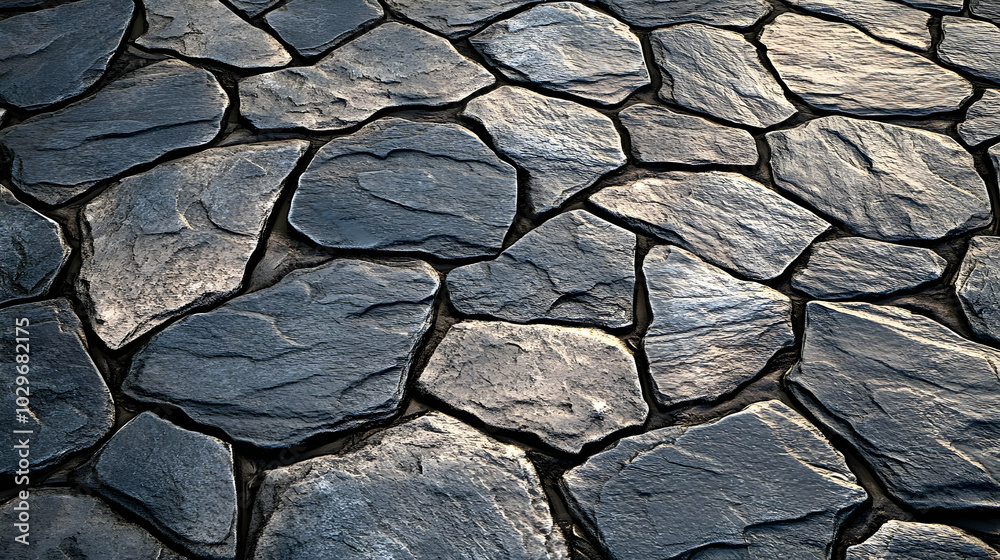 Fototapeta premium Dark gray stone pavers create a textured and rugged surface with a natural aesthetic.