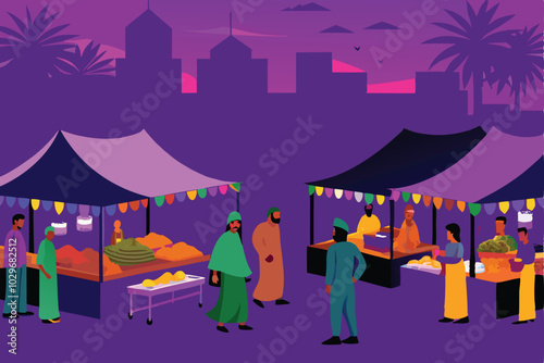 Vibrant vector illustration of a bustling street market, featuring colorful stalls, diverse people, and a cityscape silhouette.