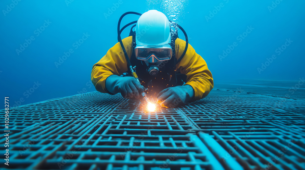 A commercial diver performs underwater welding on a metal platform, surrounded by deep blue water, showcasing expertise in marine industry operations.