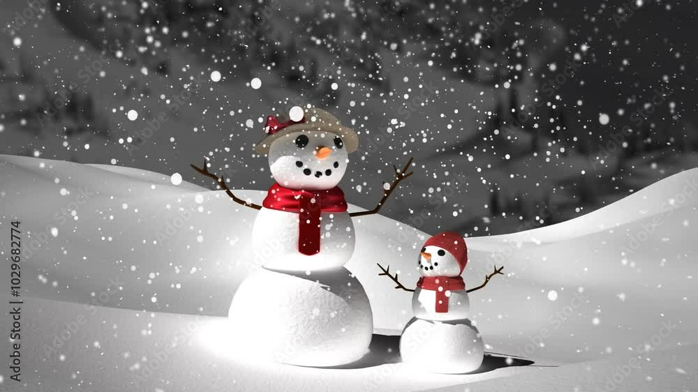 Animation of snow falling over two snowmen in winter scenery Animation of snow falling over two snowmen in winter scenery