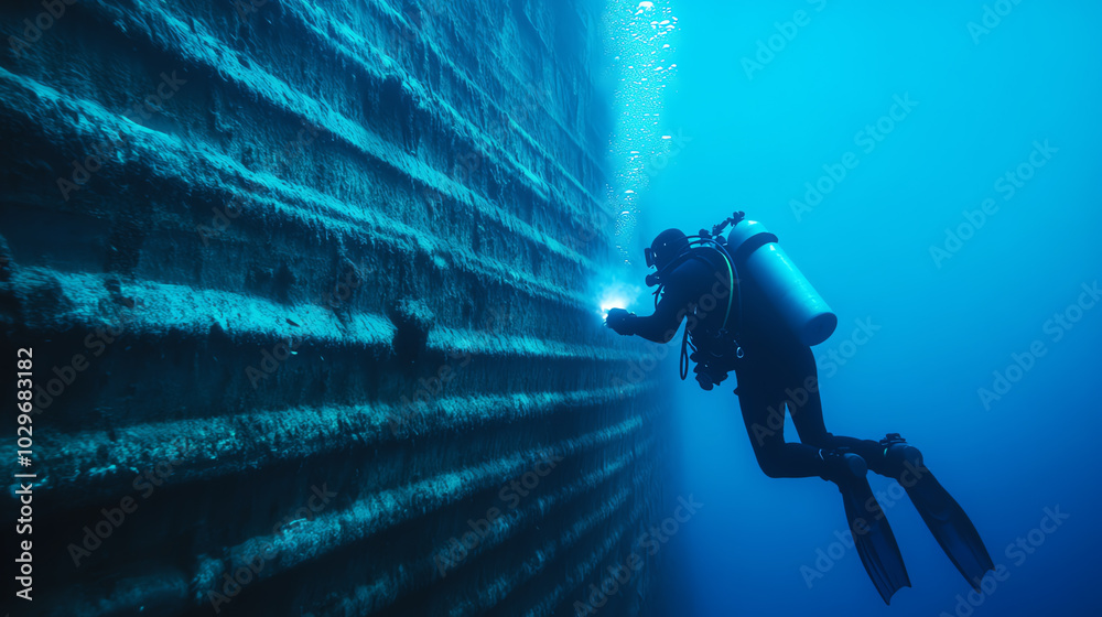 A scuba diver exploring an underwater wall, illuminated by a flashlight amidst the vibrant blue ocean. The serene and mysterious underwater world invites curiosity and adventure. A scuba diver exploring an underwater wall, illuminated by a flashlight amidst the vibrant blue ocean. The serene and mysterious underwater world invites curiosity and adventure.