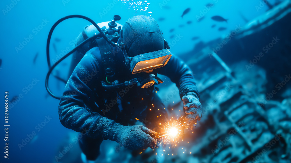 An underwater welder expertly working on a shipwreck, surrounded by marine life and bubbles, showcasing the intersection of technology and ocean exploration.