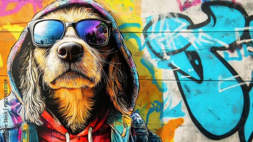 Fototapeta premium A stylish dog wearing sunglasses and a hoodie against a colorful graffiti background.