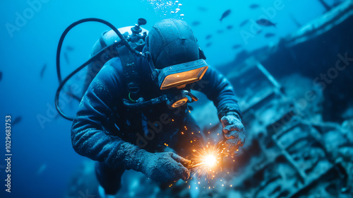 Obraz na płótnie An underwater welder expertly working on a shipwreck, surrounded by marine life and bubbles, showcasing the intersection of technology and ocean exploration. w salonie
