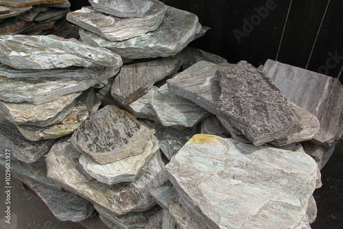Alpine schist paving stones, for use in landscaping. Naturally waterworn smooth surface. From New Zealand Southern Alps.