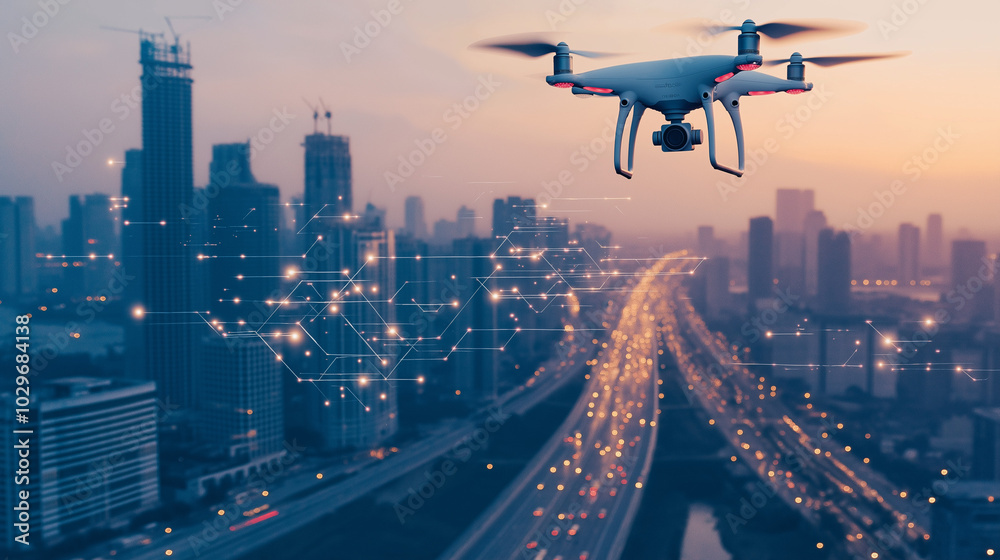 Highway With Cars And A Drone Flying Over The City. Highway With Cars And A Drone Flying Over The City.
