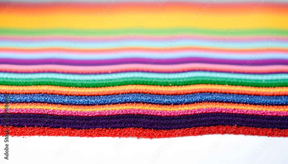 Close up of stripes of rainbow coloured sand and copy space on white background isolated with white highlights, png Close up of stripes of rainbow coloured sand and copy space on white background isolated with white highlights, png
