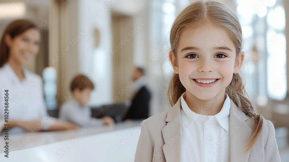 Child receptionist checking in a family at a luxury hotel, handing over room keys with a smile. Child receptionist checking in a family at a luxury hotel, handing over room keys with a smile.