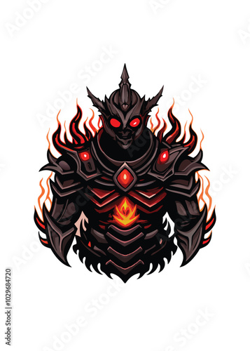 A dark warlock character with glowing red eyes, wearing dark armor with fire details.