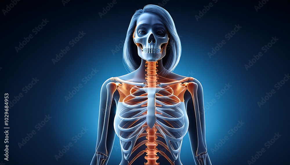 Anatomical illustration of a female skeleton with highlighted joints and internal structures against a blue background. Anatomical illustration of a female skeleton with highlighted joints and internal structures against a blue background.