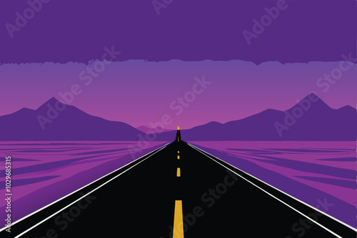 A minimalist vector illustration of a desert road leading towards a mountain range under a purple sky.