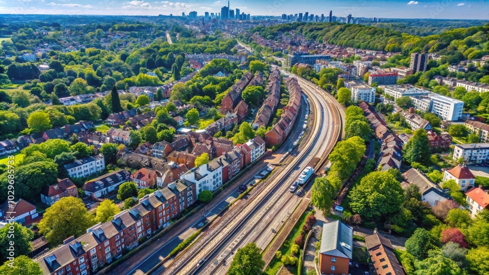 Fototapeta premium Aerial View of Finchley Road and Frognal Railway Station in Camden, London, Capturing Urban Landscape and Transport