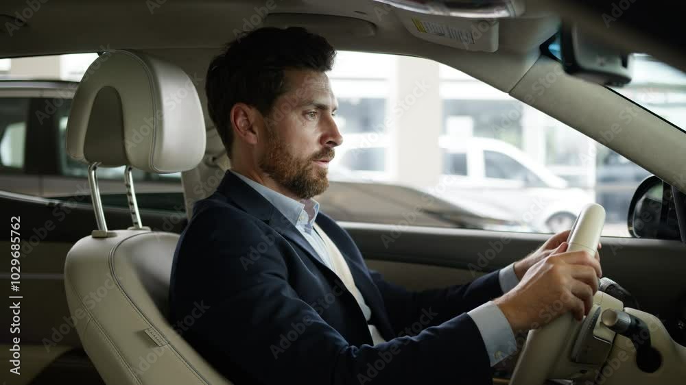 Caucasian adult man businessman driver male touching wheel car auto rental service salon buyer automobile showroom transport dealership testing client inside luxury guy business vehicle purchase owner Caucasian adult man businessman driver male touching wheel car auto rental service salon buyer automobile showroom transport dealership testing client inside luxury guy business vehicle purchase owner